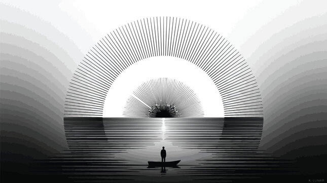 Man in a boat on water with a large sun