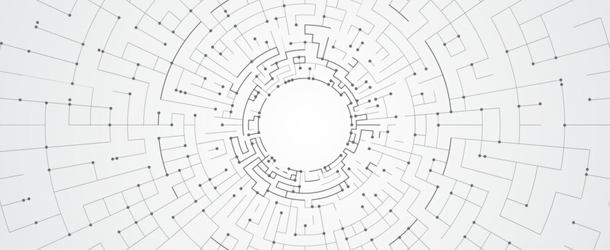 abstract circular network connection background with radial dot line pattern, HUD ring diagram and white copy space center on light gray for modern technology design, AI concept