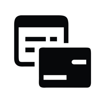 Two overlapping payment cards and tablet icon - Minimalist black and white icons of credit card, debit card, and tablet device overlapping for financial or tech use.