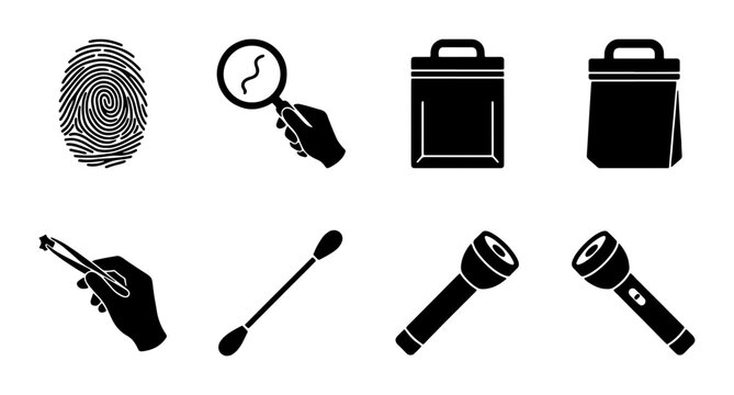 Forensic Investigation Icons Set, Crime Scene Evidence Collection Tools, Fingerprint Analysis Magnifier, Evidence Bags, Tweezers, Cotton Swabs, Flashlights