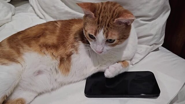 Ginger and white cat lying on bed next to smartphone, close up of domestic pet resting on white pillow and blanket, indoor home scene with feline looking down at mobile device