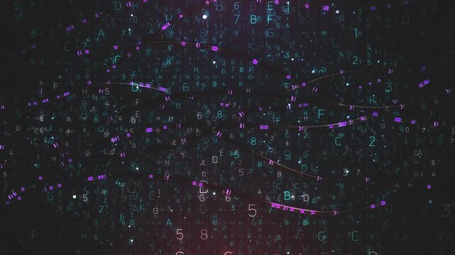 Cascading Alphanumeric Characters and Glowing Data Streams Falling Through Dark Digital Space
