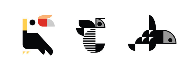 Creative minimalist geometric illustration set featuring stylized animal icons including a hornbill bird, bee, and killer whale. Flat vector-inspired design suitable for logos, branding, educational m © sofian