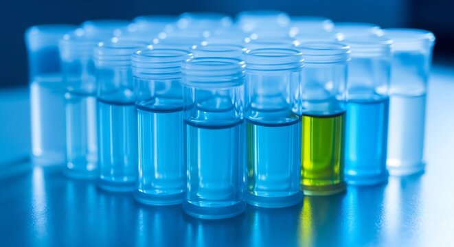 Row of Laboratory Vials with Blue and Green Liquids.