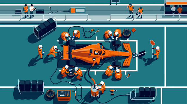 High-angle flat vector art of an F1 McLaren pit stop. Orange race car #77 surrounded by mechanics changing tires. Bold teal background, top view, sporty illustration style.