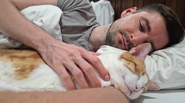 Young man lying in bed stroking sleeping ginger and white cat, close up of calm indoor home scene with pet resting on blanket, human and domestic animal bonding during quiet relaxation
