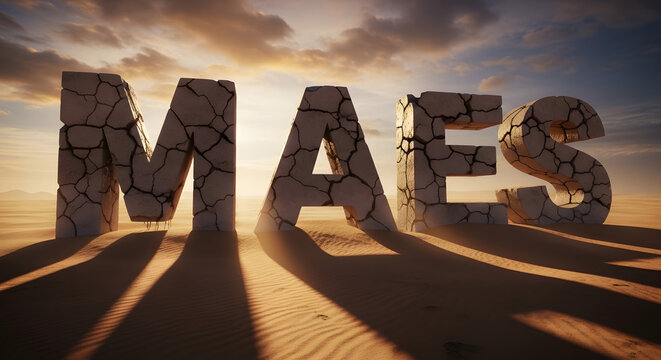 Cracked stone letters spelling MAES in a desert landscape with dramatic lighting