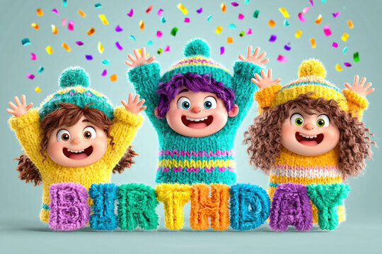 Cute animated children wearing colorful knitted sweaters and hats celebrating birthday with confetti around