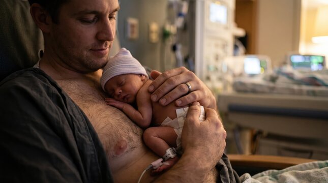 Father holding newborn baby in hospital