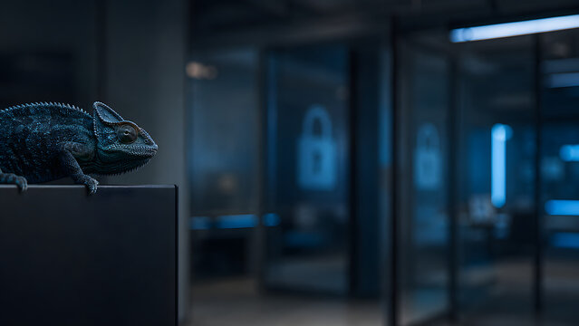 Blue Chameleon in Cybersecurity Data Center, Digital Privacy and Adaptive Network Security Concept, Chameleon in Futuristic Server Room Representing Adaptive Cybersecurity and Data Protection