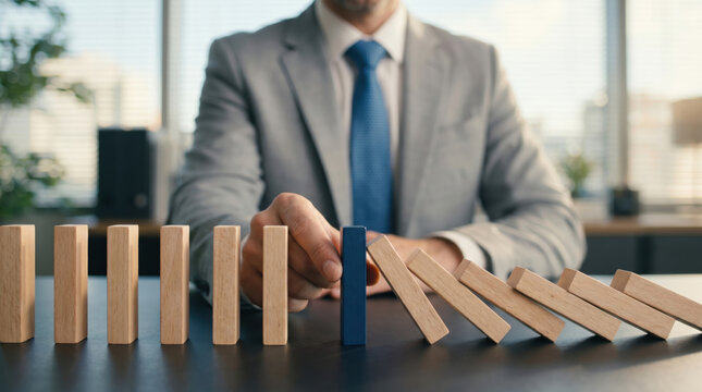 Leadership and problem solving concept featuring businessman preventing domino effect collapse symbolizing business continuity risk control and operational stability theme