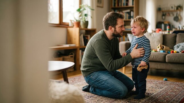 Father comforts crying toddler in living room