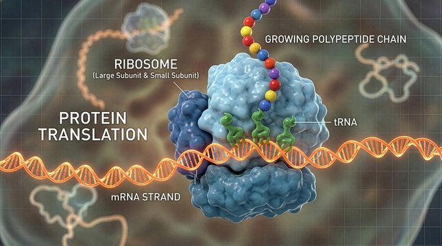 Educational diagram of protein translation process with ribosome