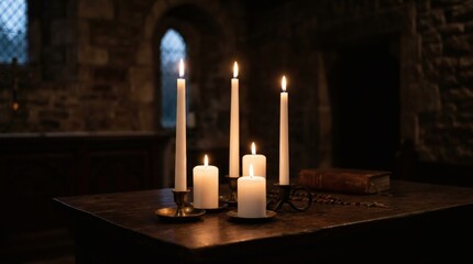 Lit candles on a table in a dimly lit stone church perfect for Orthodox Pentecost Monday
