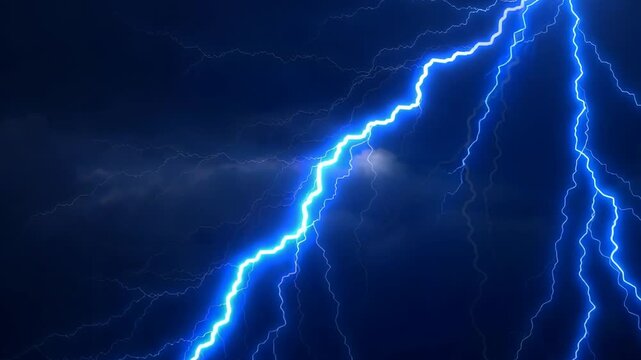 Powerful blue lightning bolt crackling across dark stormy sky illuminating night clouds