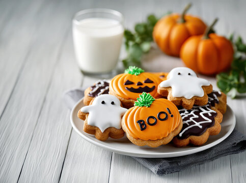 Halloween themed cookies with pumpkin, ghost, spider web decorations served with glass of milk on wooden table