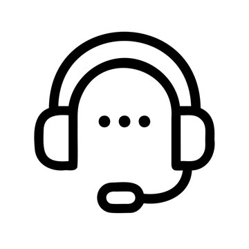 Headset icon with smiling face and microphone - Minimal line art of a smiling face wearing headphones and holding a microphone for communication or support.