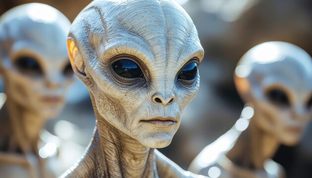 Close-up of a realistic grey alien face with large black eyes, surrounded by other aliens.