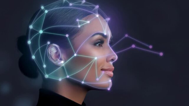 Futuristic digital interface mapping a woman&rsquo;s facial features with glowing neon lights technology