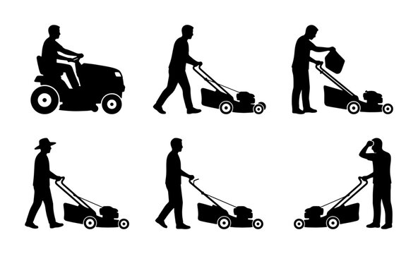 Lawn Mowing Silhouettes: Riding Mower, Push Mower Operation, Fueling, and Maintenance Actions, Vector Icons for Gardening and Yard Work