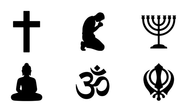 Diverse Religious Symbols Collection, Christian Cross, Praying Man, Menorah, Buddha, Om, Sikh Khanda Icons, Spiritual Beliefs Set