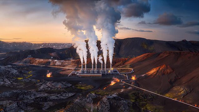 Next-Gen Energy Sustainability Geothermal Power Plant Steam Plume in Volcanic Landscape, Renewable Energy Industrial Facility at Dusk with Mountain Valley Sunset Sky and Clean Power Production