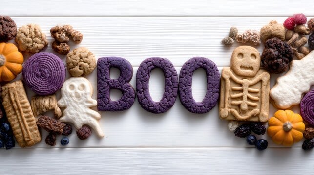 Halloween themed cookies shaped as ghost, skeleton and letters spelling BOO with pumpkins and berries