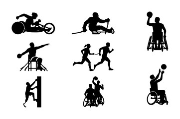 Fototapeta premium Paralympic Sports Icons: Wheelchair Basketball, Athletics, Climbing, and Racing Silhouettes for Adaptive Sports and Inclusivity Design