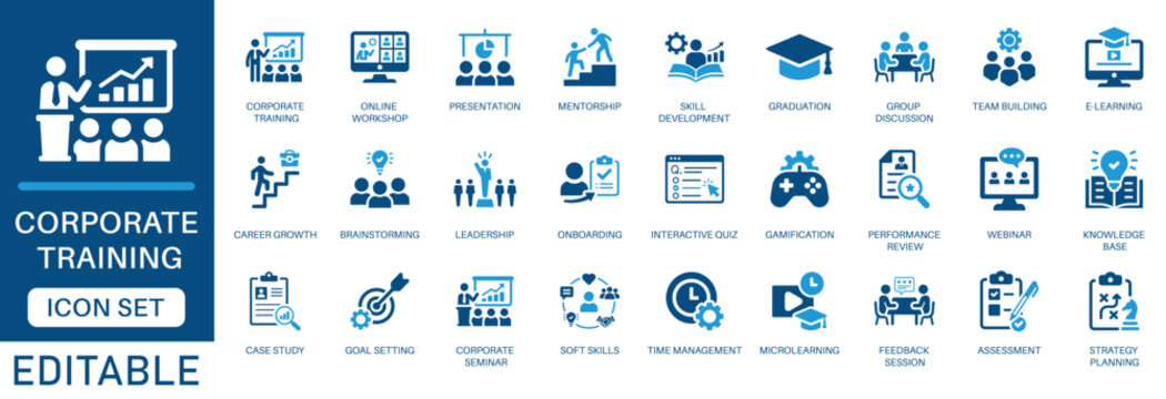 Corporate training icon set. featuring symbols for business learning, mentorship, skill development, online webinars, team building, and leadership in a modern blue flat design.