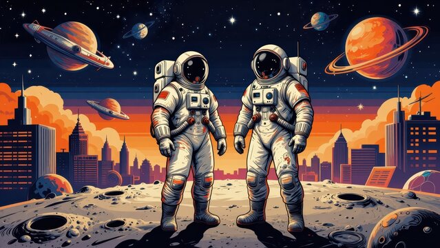 Two Astronauts Standing on Alien Planet with City Skyline and Spacecraft