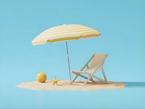 Beach chair with umbrella starfish and ball on sand