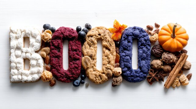 Colorful Halloween-themed cookies spelling BOOO with autumn decorations including pumpkin, nuts, and spices