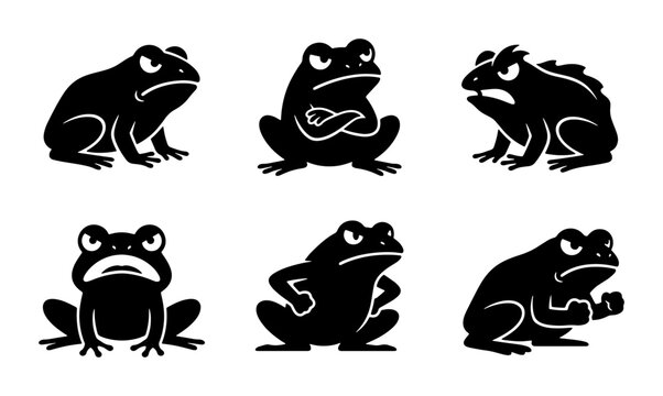 Set of Six Black Frog Silhouettes, Expressing Anger and Frustration, Vector Icons for Wildlife and Emotion Themes