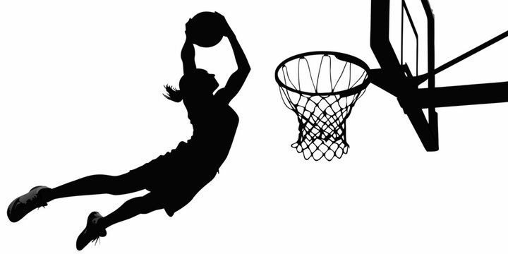 basketball player silhouette dunking into hoop on white background