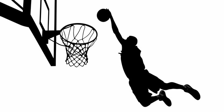 basketball player silhouette dunking ball into hoop on white background