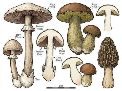 Detailed illustration of various mushroom types with labeled parts