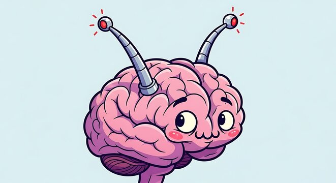 Cute cartoon brain with antennae and lights.