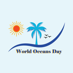 Fototapeta premium World Oceans Day tropical illustration with sun, palm tree, birds, and wave symbolizing ocean conservation and environmental awareness