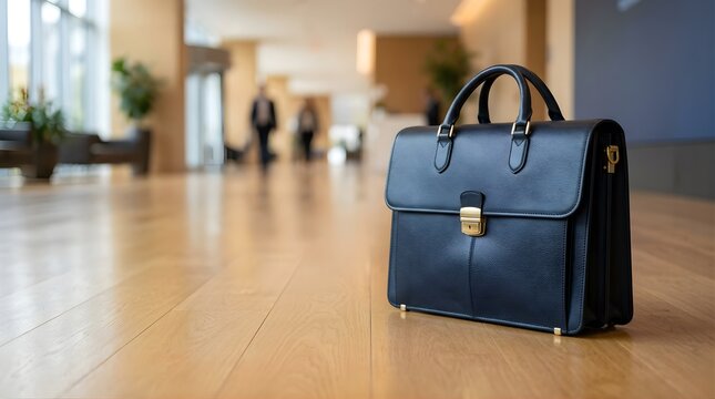 Leather briefcase placed on a wooden floor in a blurred office hallway