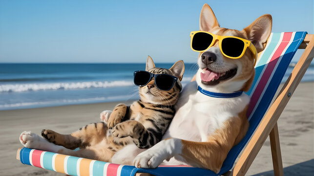 Corgi dog and cat wearing sunglasses on beach chair