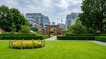 Obraz premium Historic brick archway in a lush green garden park with modern city skyscrapers in the background in toronto, canada