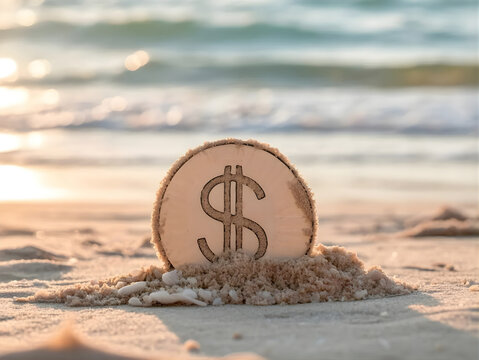 Golden dollar coin partially buried in gray sand