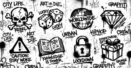 Urban Graffiti Street Art Illustration Collection Featuring Skull, Dice, Diamond, Lock, and Hip Hop Inspired Grunge Symbols for Creative Designs © Md Monjurul
