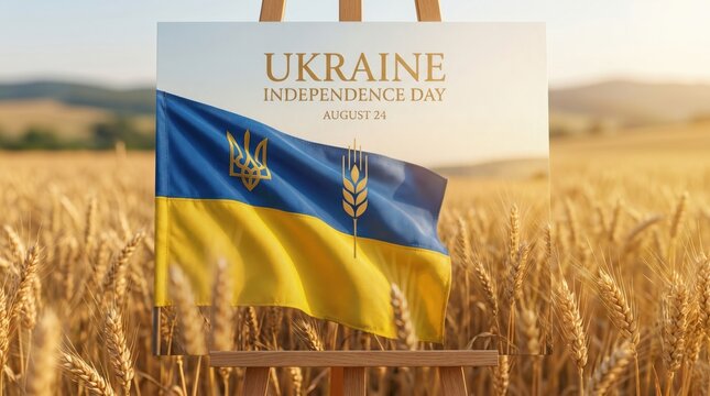 Ukraine independence day poster on an easel in a wheat field