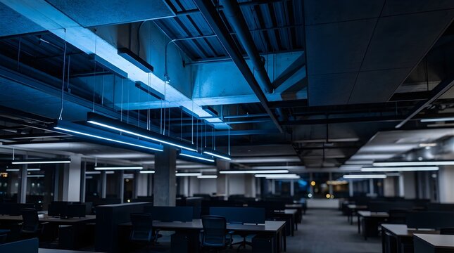 Modern office interior with illuminated hanging lights in a dark room