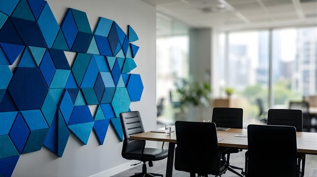 Modern office boardroom with blue geometric soundproof acoustic wall panels