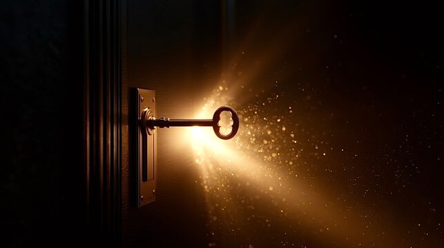 Key opening door revealing glowing light and particles