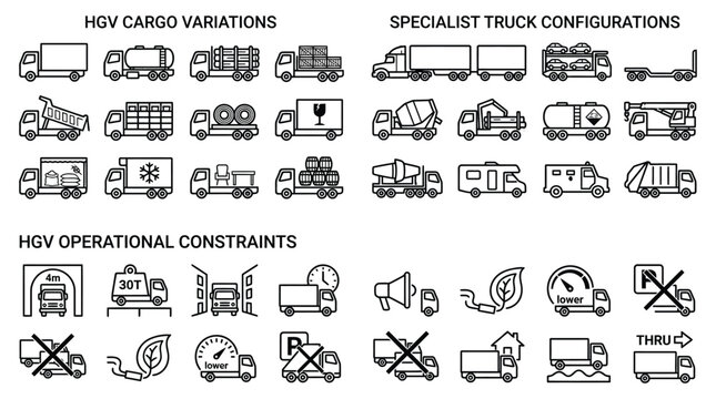 hgv truck icons set cargo variations and operational constraints