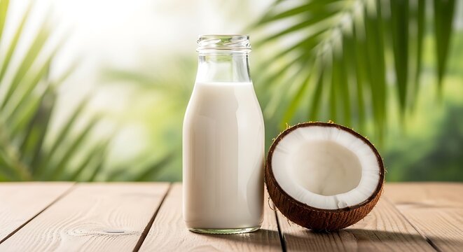 Tropical scene featuring a coconut and a bottle of coconut water on a wooden surface