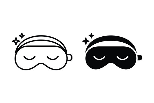 Sleep Mask Icon Set Featuring Outline and Solid Black Blindfold Designs with Stars for Bedtime Relaxation